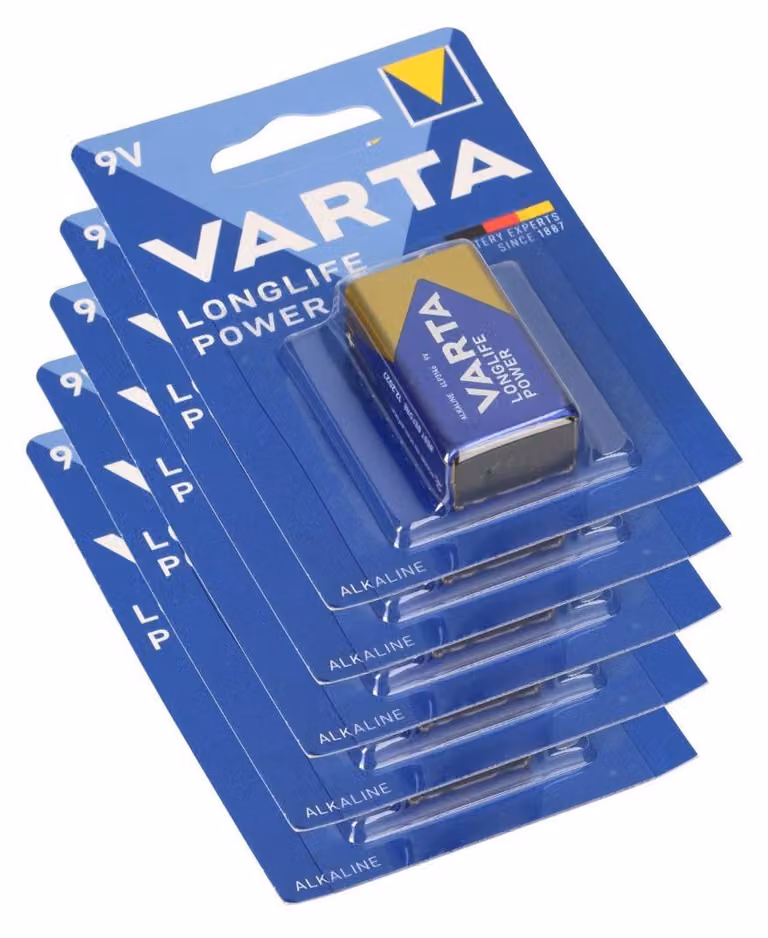 5 batterie VARTA 4922 Longlife Power 9V, modello 6LR61, adatte per rilevatori di fumo, strumenti di misurazione e dispositivi audio