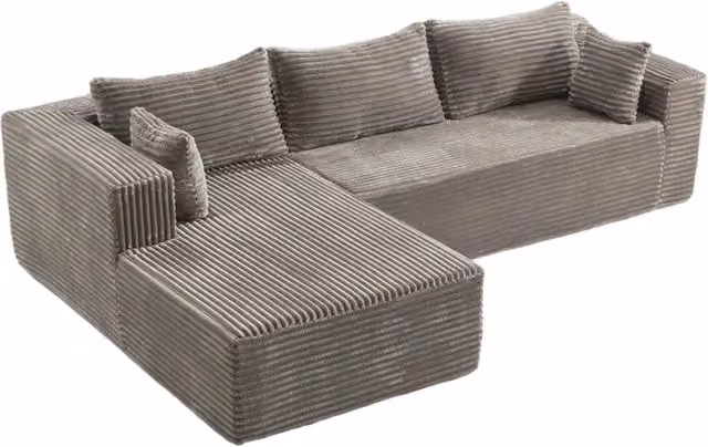 Divano Angolare Modulare L a Forma di L in Velluto Grigio con Chaise Longue Comoda, Seduta Profonda, per Soggiorno e Camera da Letto