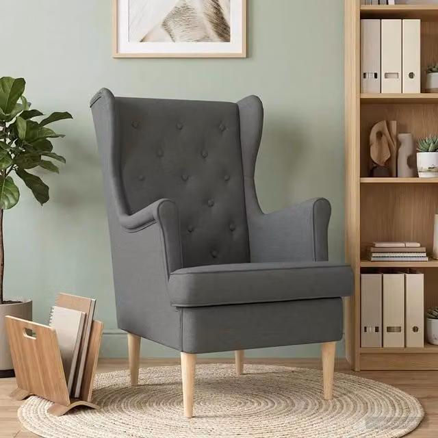 Poltrona Lounge Moderna in Tessuto Grigio con Braccioli e Struttura in Legno e Metallo