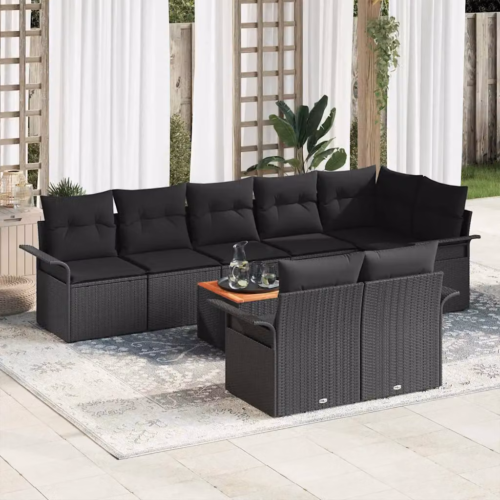 Set Divano da Giardino vidaXL a forma a U in Polyrattan Nero con Cuscini e Tavolino da Esterno – 1