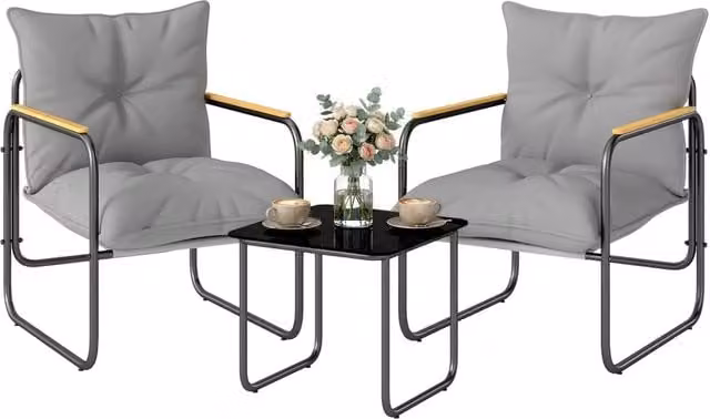 Set Bistrò Minimal 3 Pezzi Grigio con Poltrona Lounge e Tavolino da Esterno in Acciaio Verniciato e Vetro