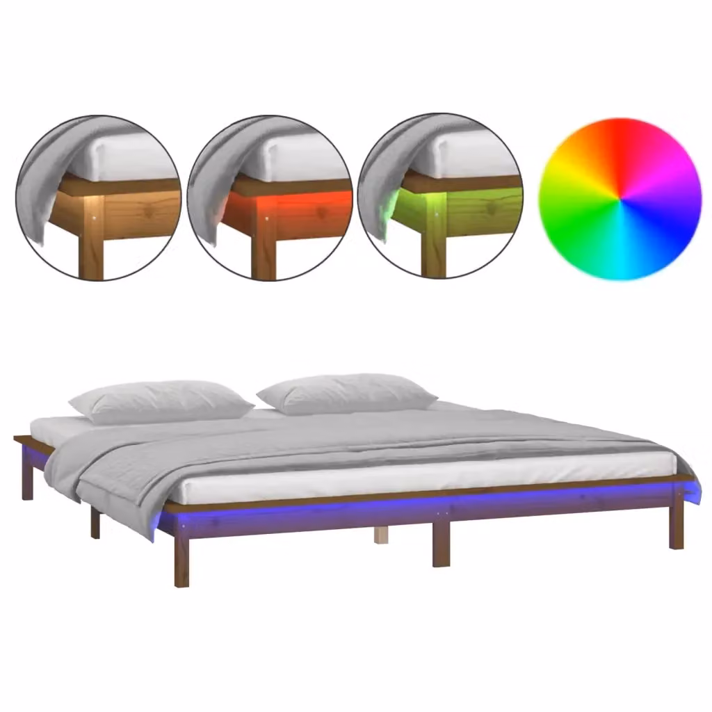 Letto con base in legno massello di pino vidaXL Ambra marrone con illuminazione LED e porta di ricarica USB L/P: 200 x 200 cm – 2