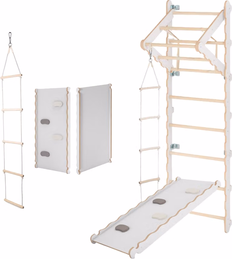 MAMOI® Spalliera svedese, Parete arrampicata per palestra bambini, Spalliera in legno naturale per uso interno, Parallele ginnastica artistica da casa