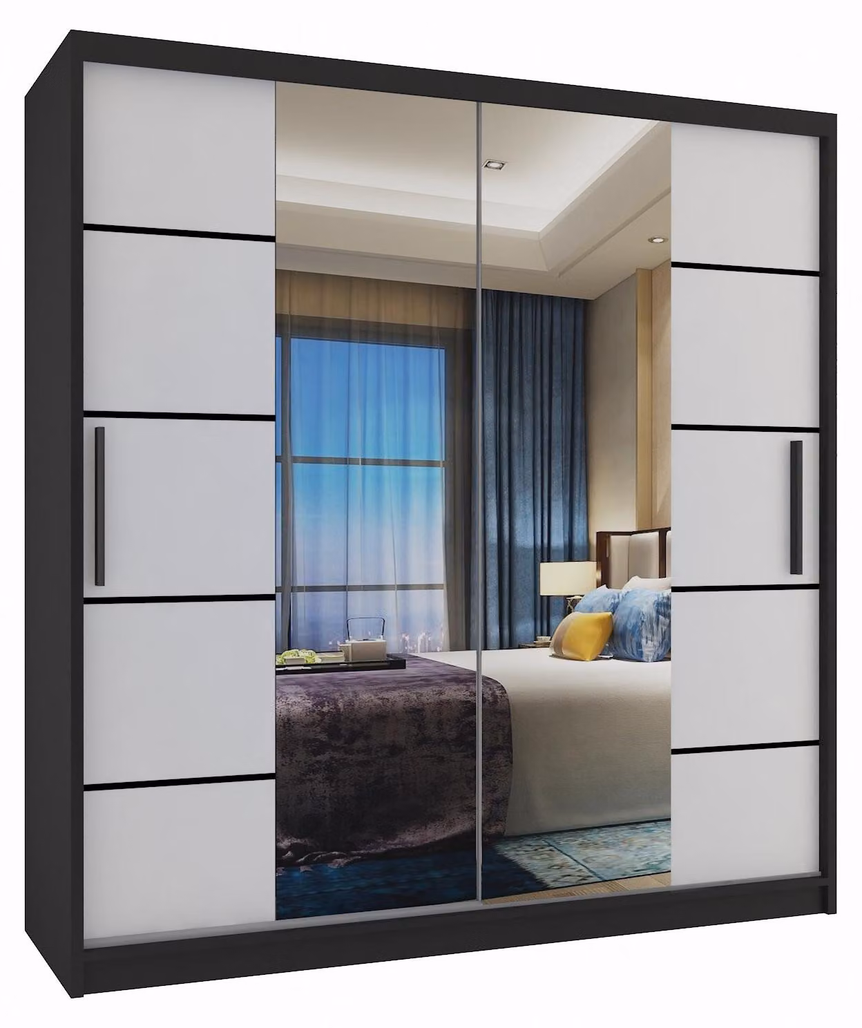 BELINI Verona, armadio scorrevole da 158 cm, nero/bianco opaco - armadio con specchio e 2 cassetti, ideale per la camera da letto
