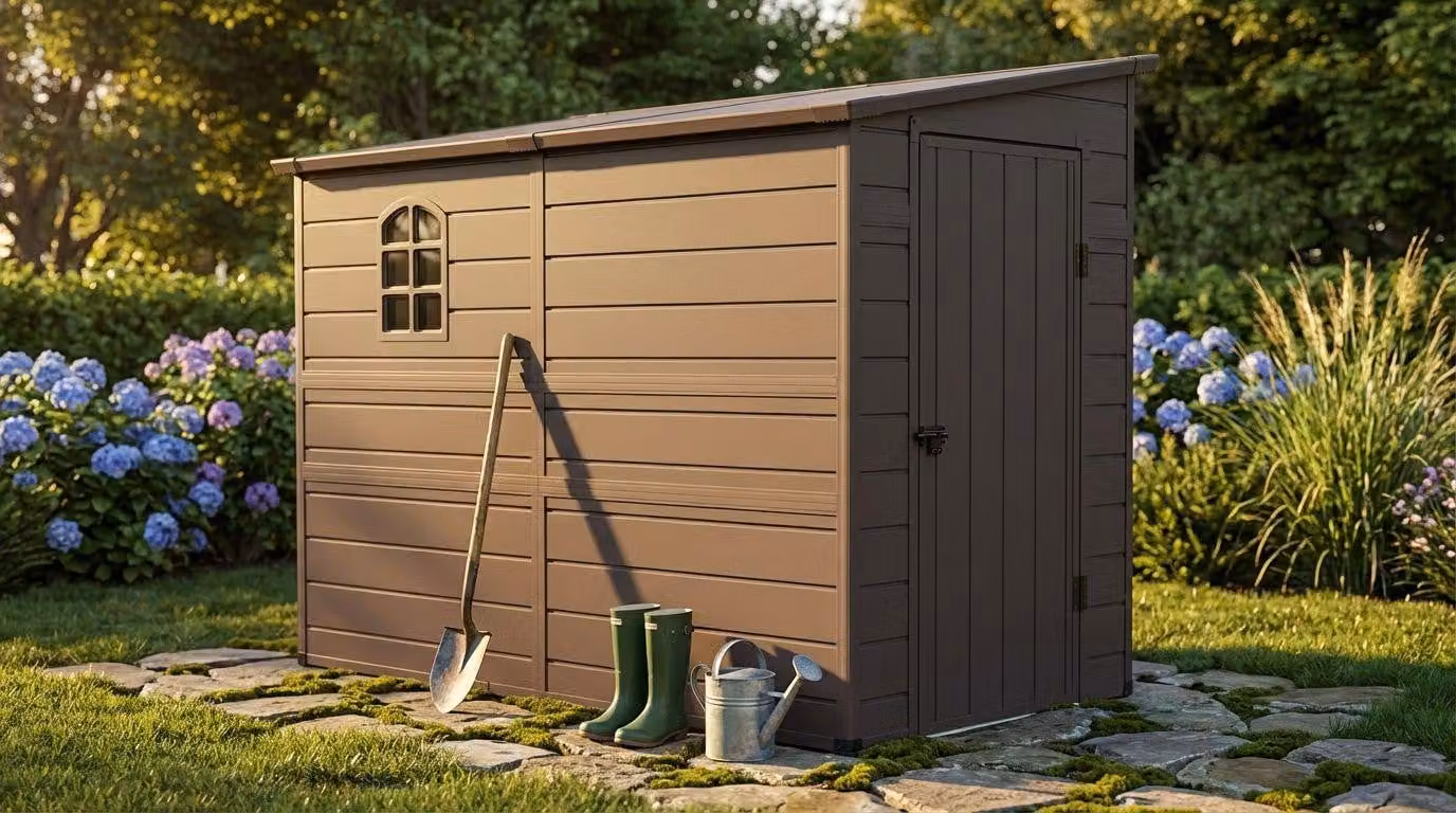 Milani Home - casetta porta attrezzi da giardino in resina, effetto legno, 143 x 247 x 194 cm