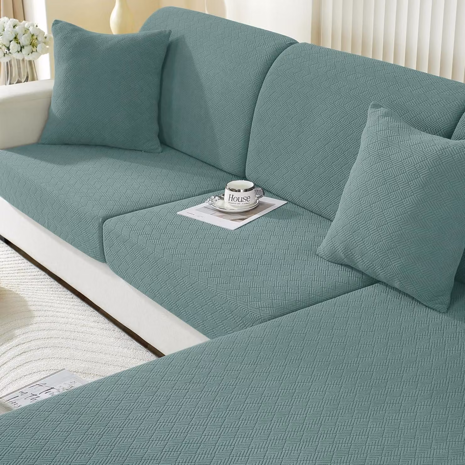 Copertura elastica per cuscini del divano, effetto stretch, antiscivolo, lavabile, verde, per 1 posto a seduta, 3 cuscini e chaise longue