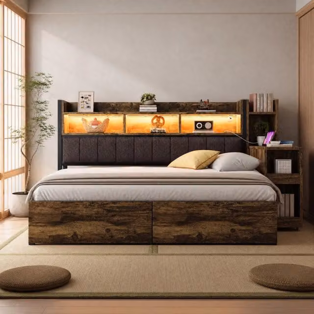 Letto combinato singolo con scrivania mobile, contenitori e prese USB in metallo e legno, colore naturale beige e marrone, L/P/H: 90 x 200 x 241 cm