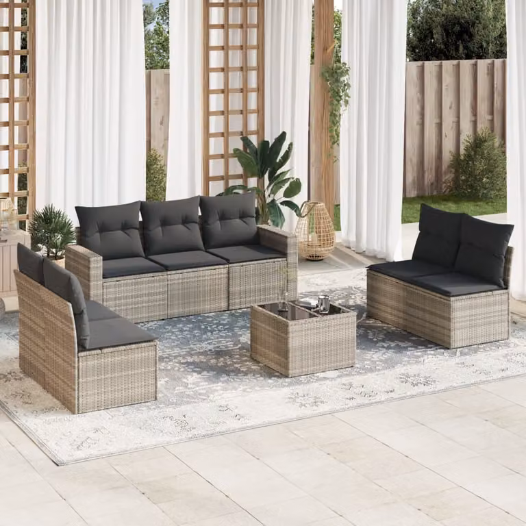 vidaXL Set Divano da Giardino a L in Polyrattan Grigio con Cuscini e Tavolino da Esterno 8pz