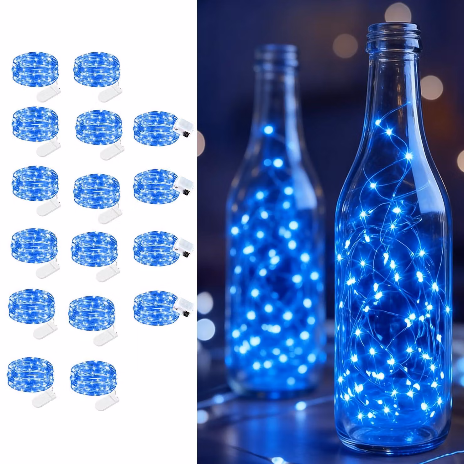Catena luminosa a LED, 16 luci, lunghezza totale 2 metri, colore blu, alimentazione a batteria, impermeabile
