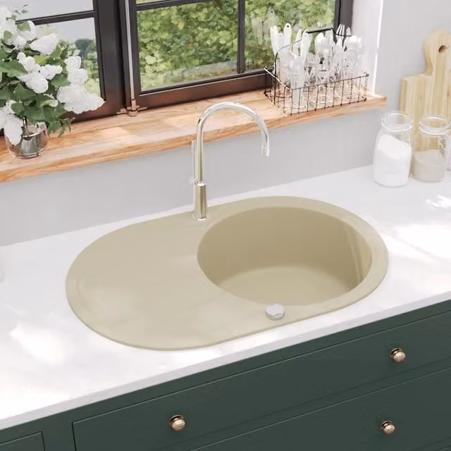 Lavello da cucina in granito con vasca singola ovale beige vidaXL L/P/H: 77,0 x 49,0 x 20,5 cm – 1