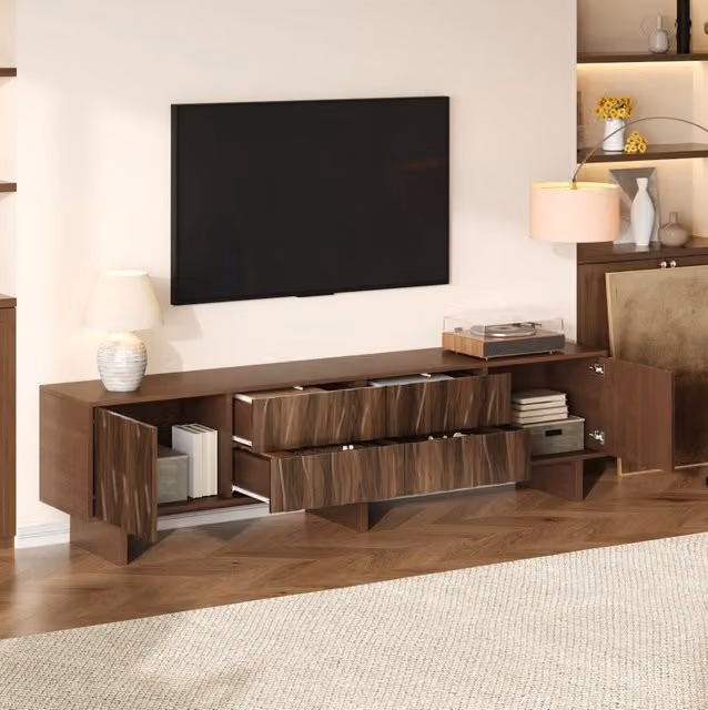 Mobile TV in noce scuro 180x40x56 cm con 4 cassetti e 2 ante, design ondulato, per TV fino a 75 pollici