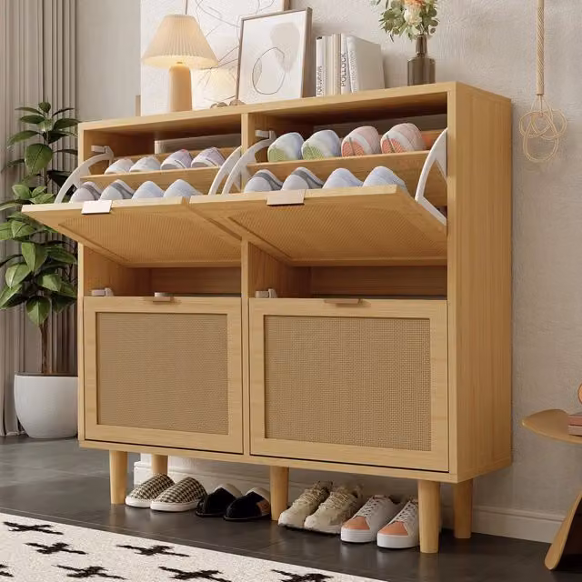 Scarpiera OKWISH in stile scandinavo con 4 ante a ribalta in rattan e legno, colore marrone e beige, per ingresso o corridoio, L: 100 cm, P: 25 cm, H: 90 cm