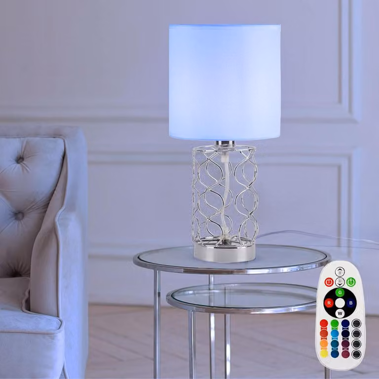 Lampada da tavolo a LED RGB, tessuto bianco, acciaio argento, diametro 18 cm