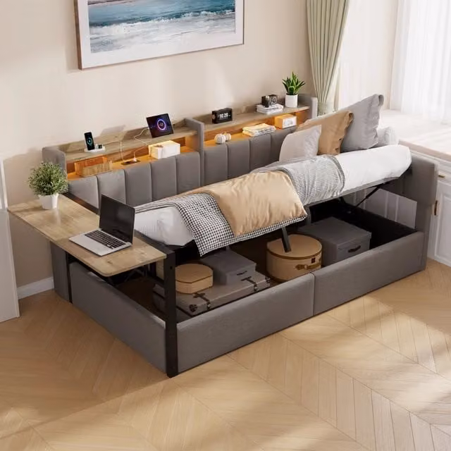 Letto a divano 90x200 cm; letto contenitore idraulico; LED; ripiano ribaltabile; comodini intercambiabili; porta USB; velluto; grigio