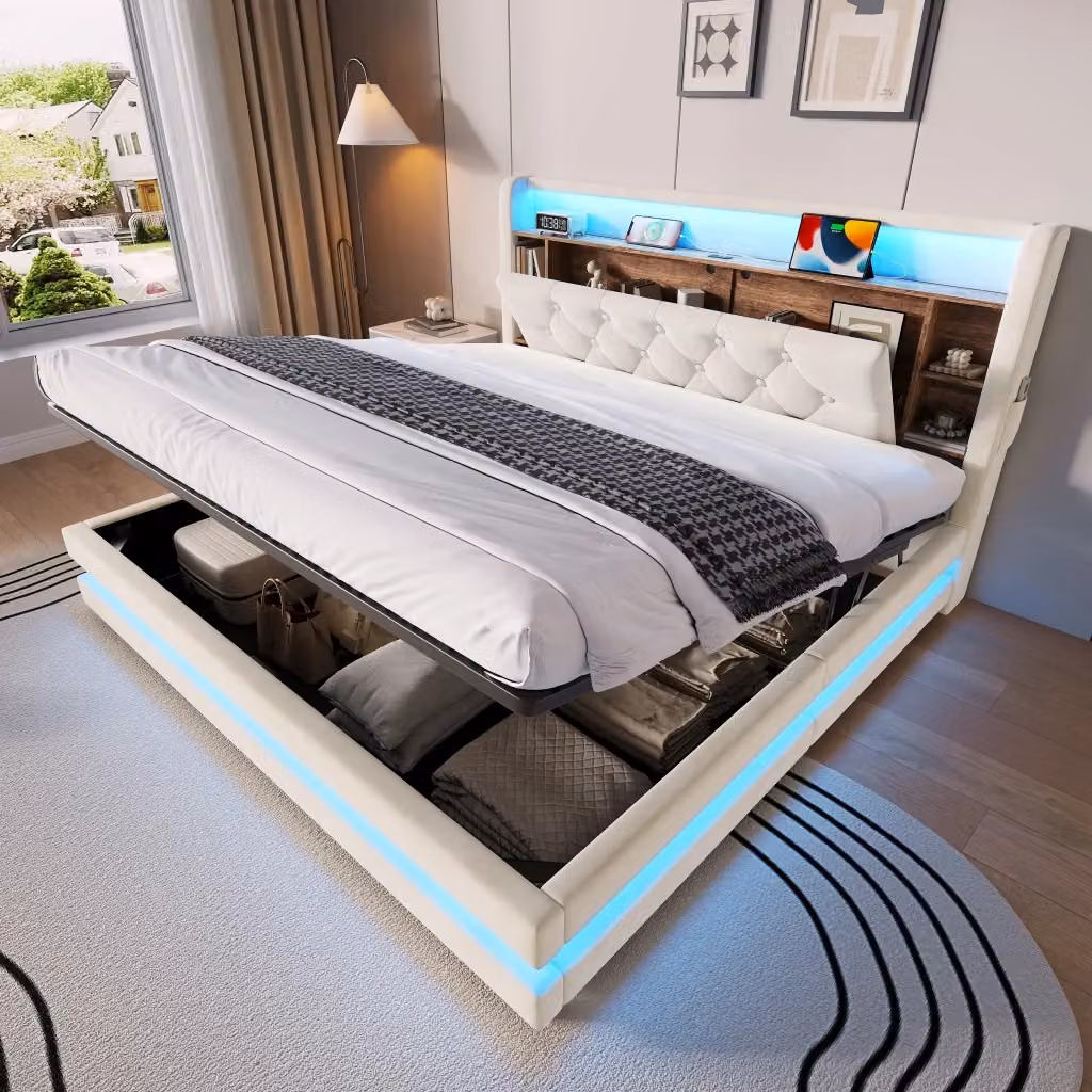 Letto contenitore Mivray in velluto beige con testiera multifunzione LED, porte USB e Type-C, L/P: 160 x 200 cm – 2