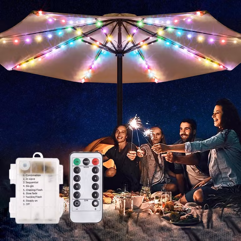 Catena luminosa per ombrello, 104 LED, 8 modalità, alimentata a batteria, grado di protezione IP65