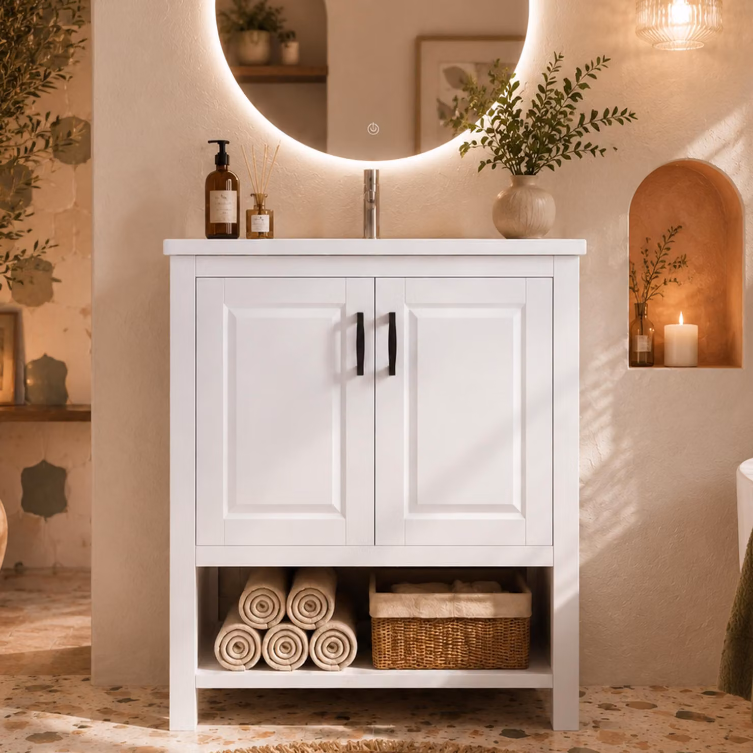 Mobile lavabo autoportante da 76,5 cm con lavabo in Vetroceramica integrato, in MDF bianco