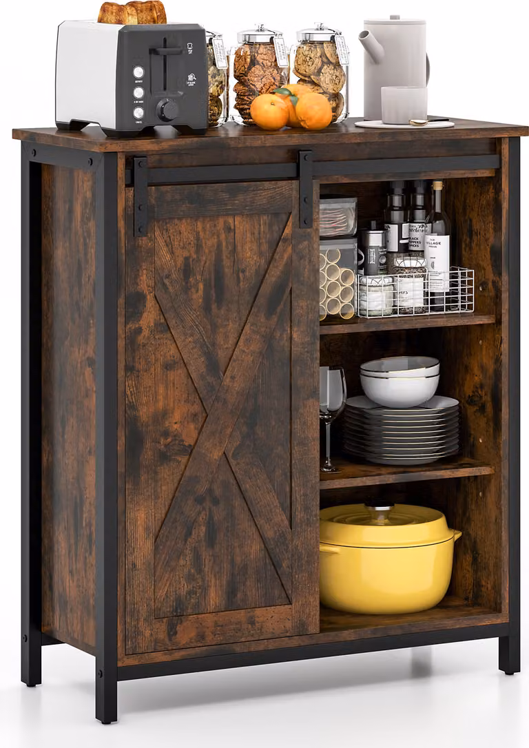 COSTWAY Mobile da cucina alto 81 cm in stile rustico, credenza con anta scorrevole e ripiani regolabili, console di servizio in stile rustico marrone