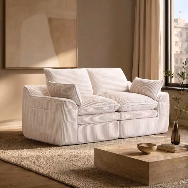 Divano 2 posti 191x94x85 cm beige in velluto a coste con tasche laterali