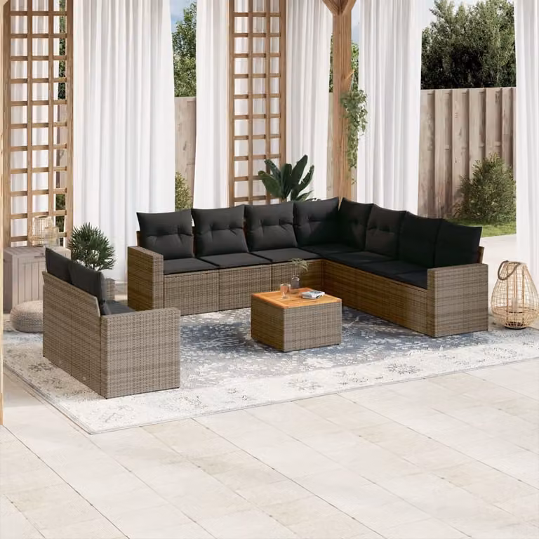 vidaXL Set Divano da Giardino 10 pz in Polyrattan Grigio con Cuscini e Tavolino
