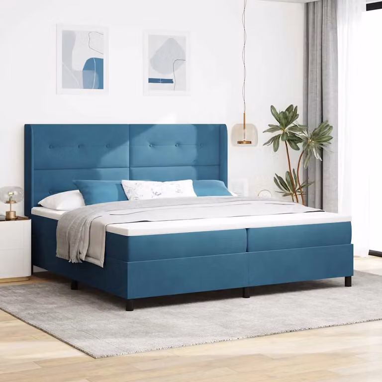 Letto a molle con testiera vidaXL in velluto blu, L/P/H: 100 x 200 x 128 cm