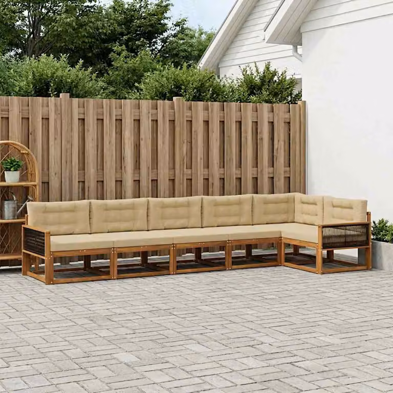 Set di divani da esterno vidaXL a forma di L composto da 6 pezzi in legno di acacia con cuscini beige e marrone