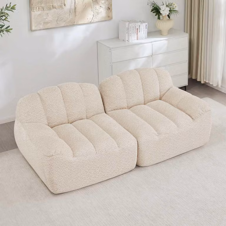 AIORBER Divano modulare a 2 posti a conchiglia, design senza struttura interna, cuscini di seduta profondi, morbido rivestimento in pile, da assemblare, con pouf, beige
