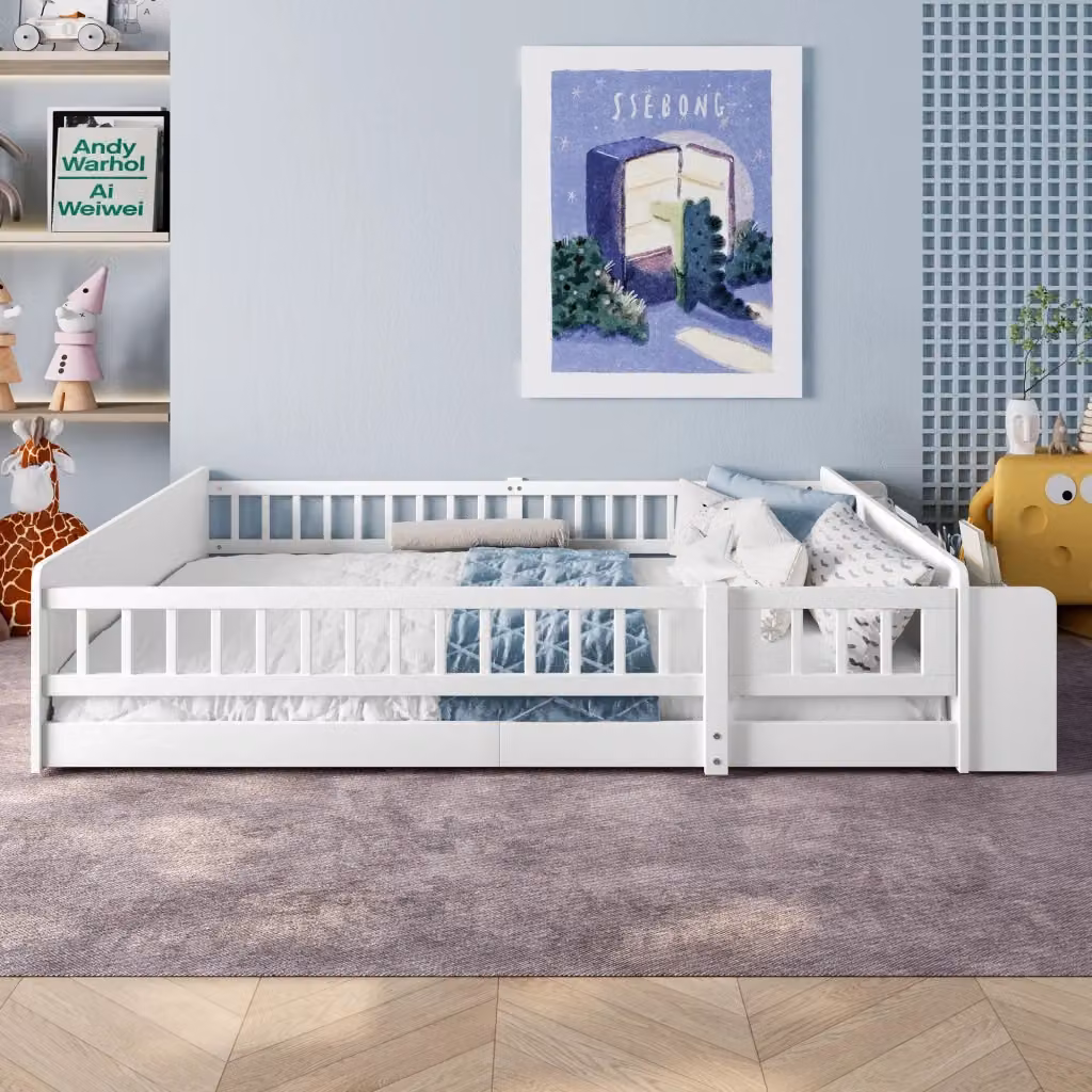 Letto per bambini in legno di pino bianco con contenitore aperto e ripiani laterali L/P/H: 200 x 140 x 145 cm – 2