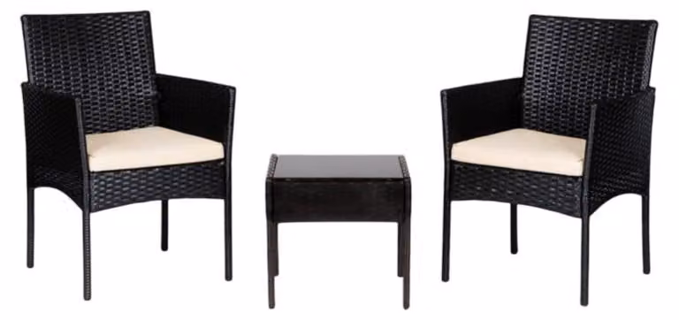 MultiGarden ESO-F368: Set da giardino composto da 2 poltrone e un tavolino con piano in vetro, in rattan nero