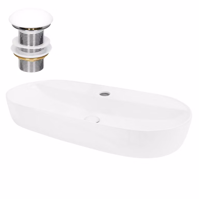 Lavabo LuxeBath Lavabo da appoggio ovale, 80x40x12 cm, bianco, Vetroceramica, incl. set di scarico senza troppopieno