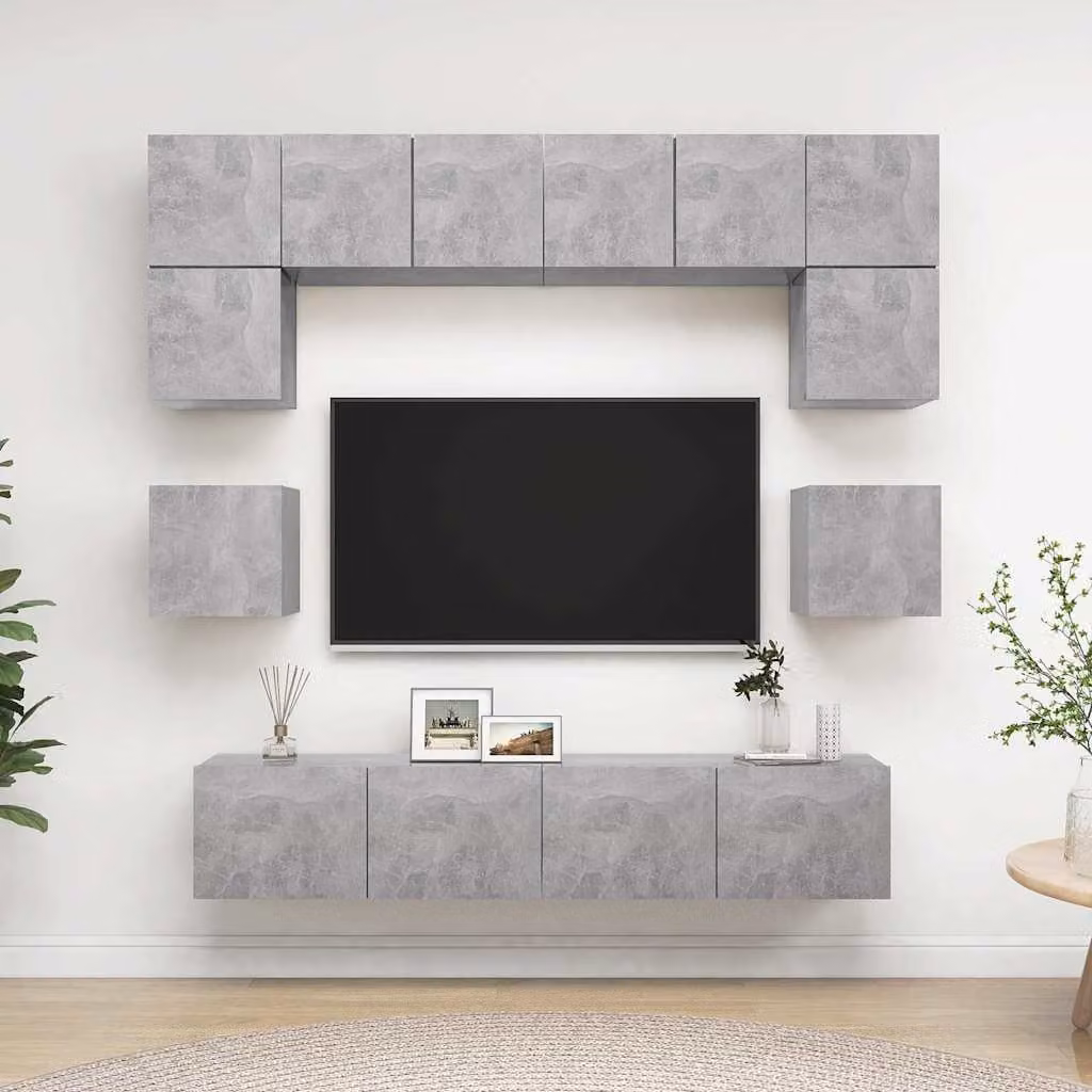 Set di mobili porta TV vidaXL da 8 pezzi in legno multistrato, colore grigio cemento, stile moderno con finitura opaca