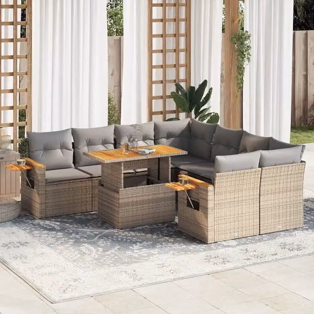 Set Divano da Giardino a L vidaXL in Polyrattan e Legno di Acacia con Cuscini Beige e Tavolino da Esterno 9 pz