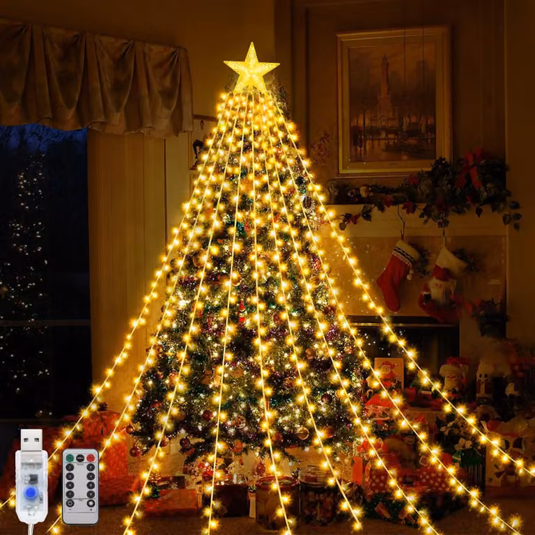 Catena luminosa a LED, 198 LED, 9 fili, 2 metri, alimentazione USB, impermeabile, con telecomando