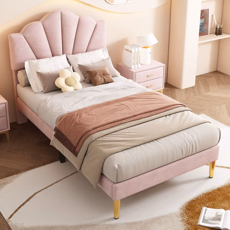 Letto imbottito STILVORA 90x200 cm, letto per ragazzi con rete a doghe in legno, letto singolo con testiera regolabile in altezza, letto a conchiglia rivestito in velluto, rosa (con panca)