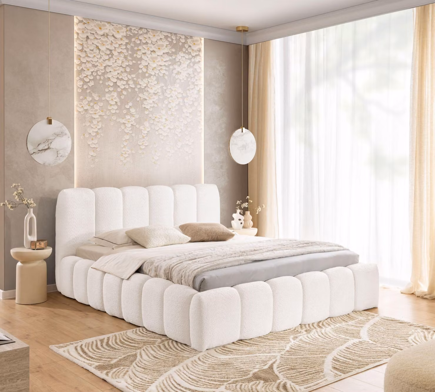 Letto imbottito MIA 140x200 - letto con rete, letto a bolle, letto matrimoniale con contenitore e rete a doghe, camera da letto - bianco