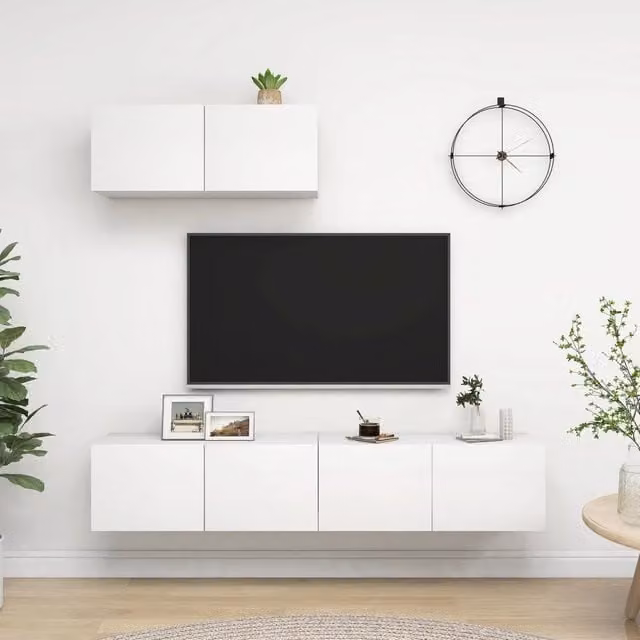 Set di 3 mobili TV vidaXL bianchi in legno multistrato con design minimalista da appendere alla parete