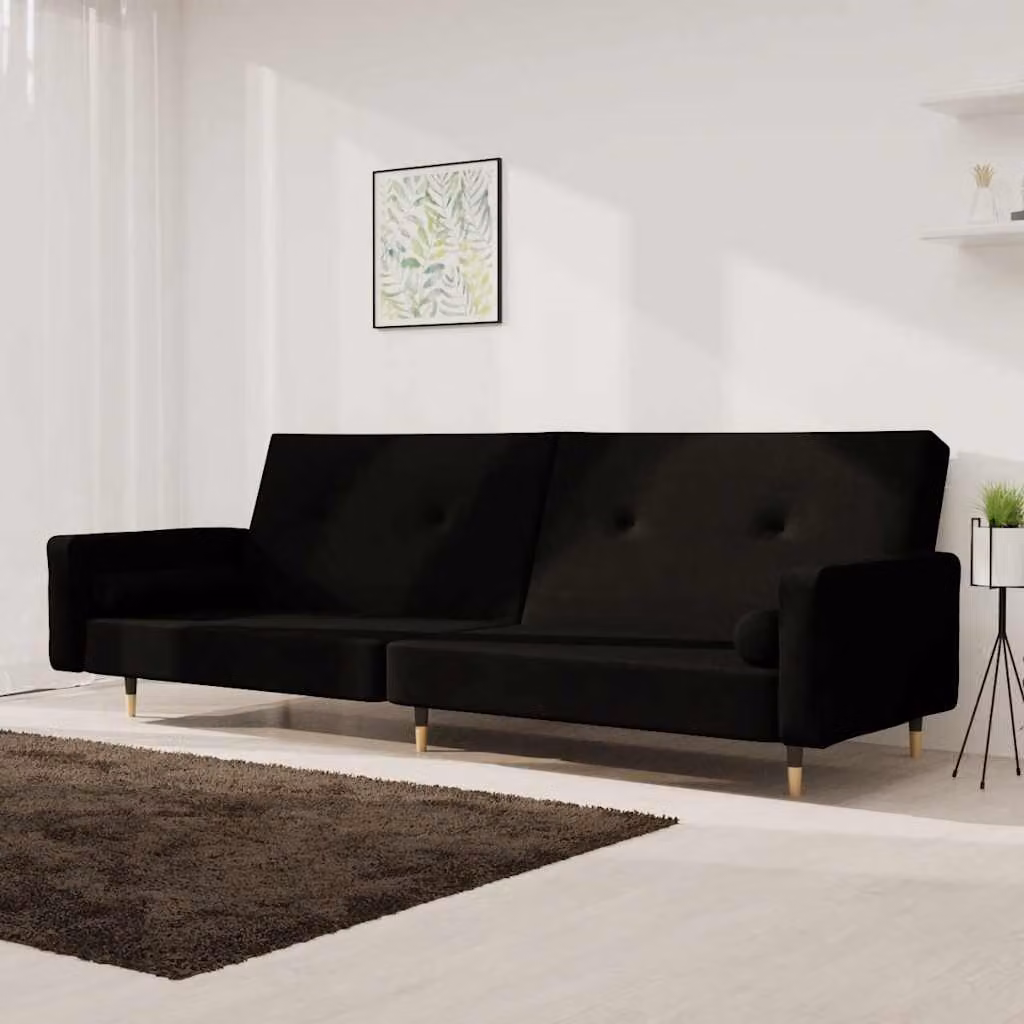 vidaXL Divano Letto Click-Clack a 2 Posti in Velluto Nero con Cuscini, L: 220 cm, P: 84,5 cm, H: 69 cm