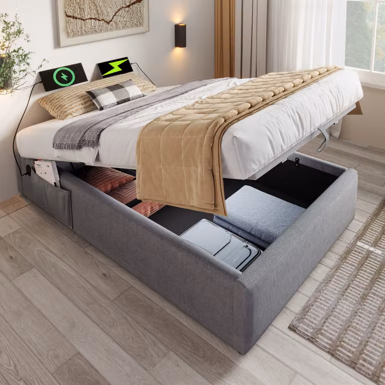 Letto imbottito Flieks 90x200cm senza testata, letto singolo per ragazzi con USB e Type-C, letto idraulico a molle con sacco portaoggetti, cotone, grigio