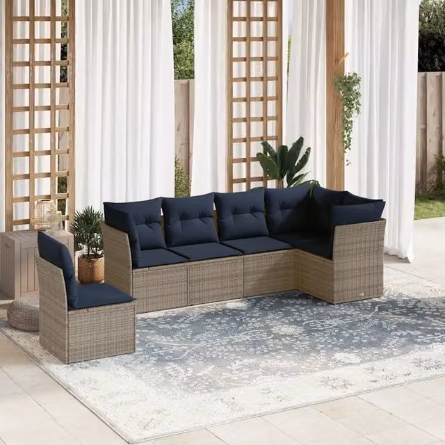 Set di Divani da Giardino a L vidaXL in Polyrattan con Cuscini Blu e Grigio – 1