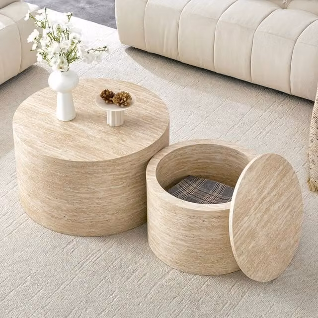 Set 2 Tavolini Rotondi a Nido con Spazio Contenitore, Legno MDF, Ø 62,8/44 cm, Piano Rimovibile per Soggiorno