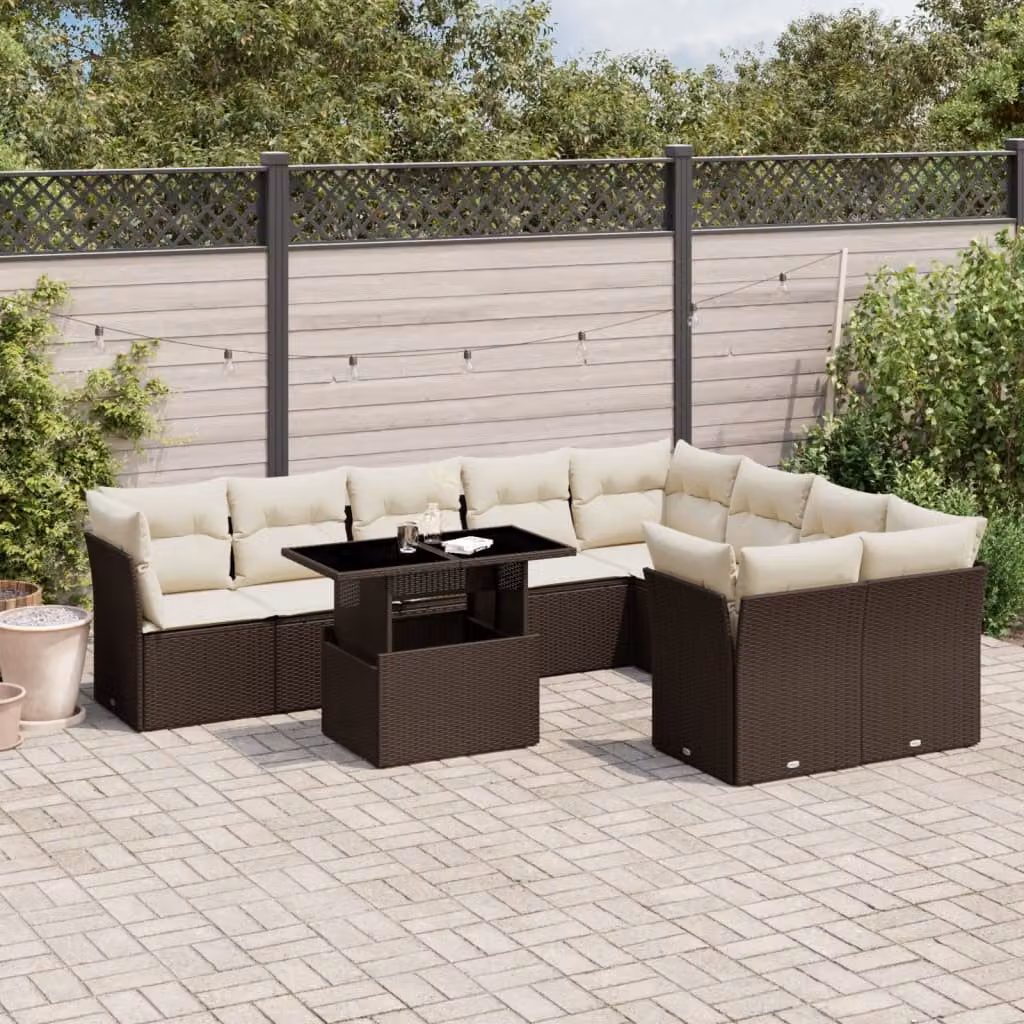 Set di Divani da Giardino vidaXL 10 Pezzi con Cuscini e Tavolino, Design Moderno a L in Polyrattan Marrone e Bianco con Struttura in Acciaio Verniciato a Polvere – 1