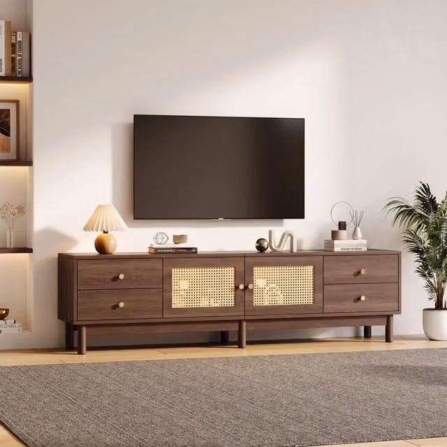 Desviae Mobile porta TV con due ante in rattan, quattro cassetti e passacavi per soggiorno marrone 180 × 35 × 44 cm