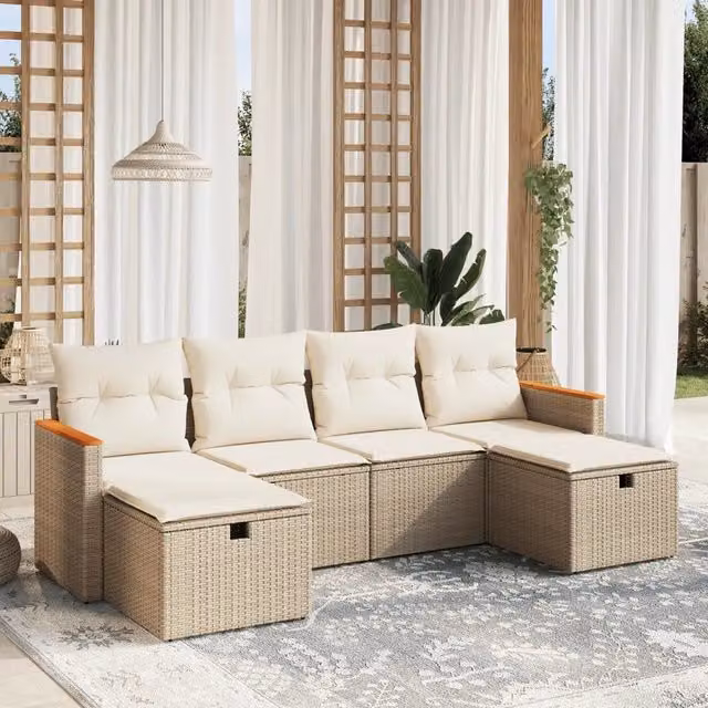 Set Divano da Giardino a L vidaXL in Polyrattan con Cuscini Beige e Struttura in Acciaio, 6 Pezzi
