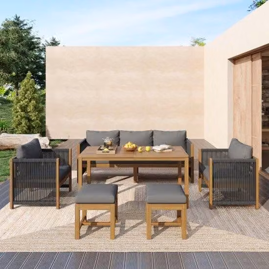 Set di mobili da giardino, 6 pezzi, divano a 3 posti, 2 poltrone, 2 sedie, tavolo da pranzo, piano in acacia, grigio