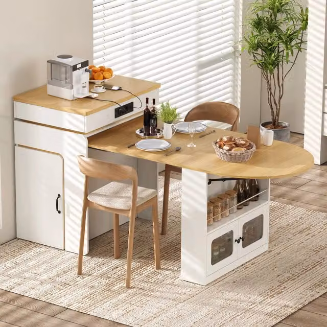 Tavolo allungabile con 2 cassetti, vani e illuminazione LED per cucina e sala da pranzo, 55~194×80×95.5 cm
