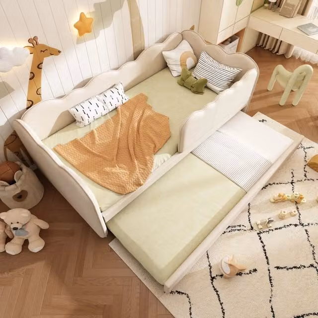 Letto con letto estraibile 90 × 190 cm doppia superficie di riposo struttura a L in lino beige senza materasso