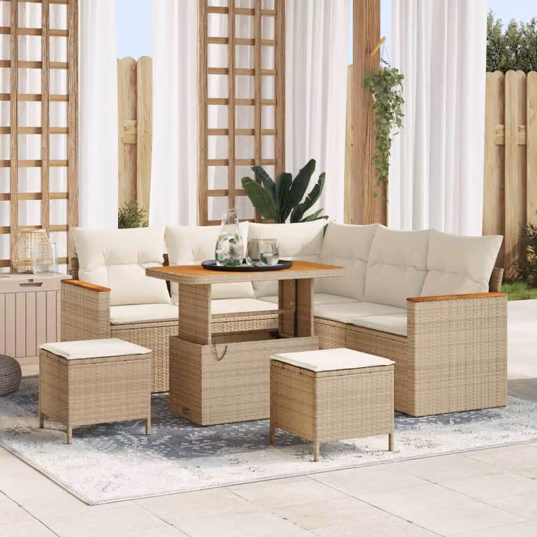 Set Divano da Giardino vidaXL 8 Pezzi in Polyrattan Beige con Cuscini e Tavolino