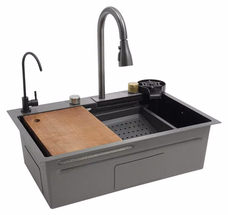 Lavello in acciaio inossidabile - Lavello da cucina a due vasche con rubinetto - Modello a cascata - Doccetta estraibile da 30 cm - Dimensioni: 68x45x21 cm - Colore: grigio