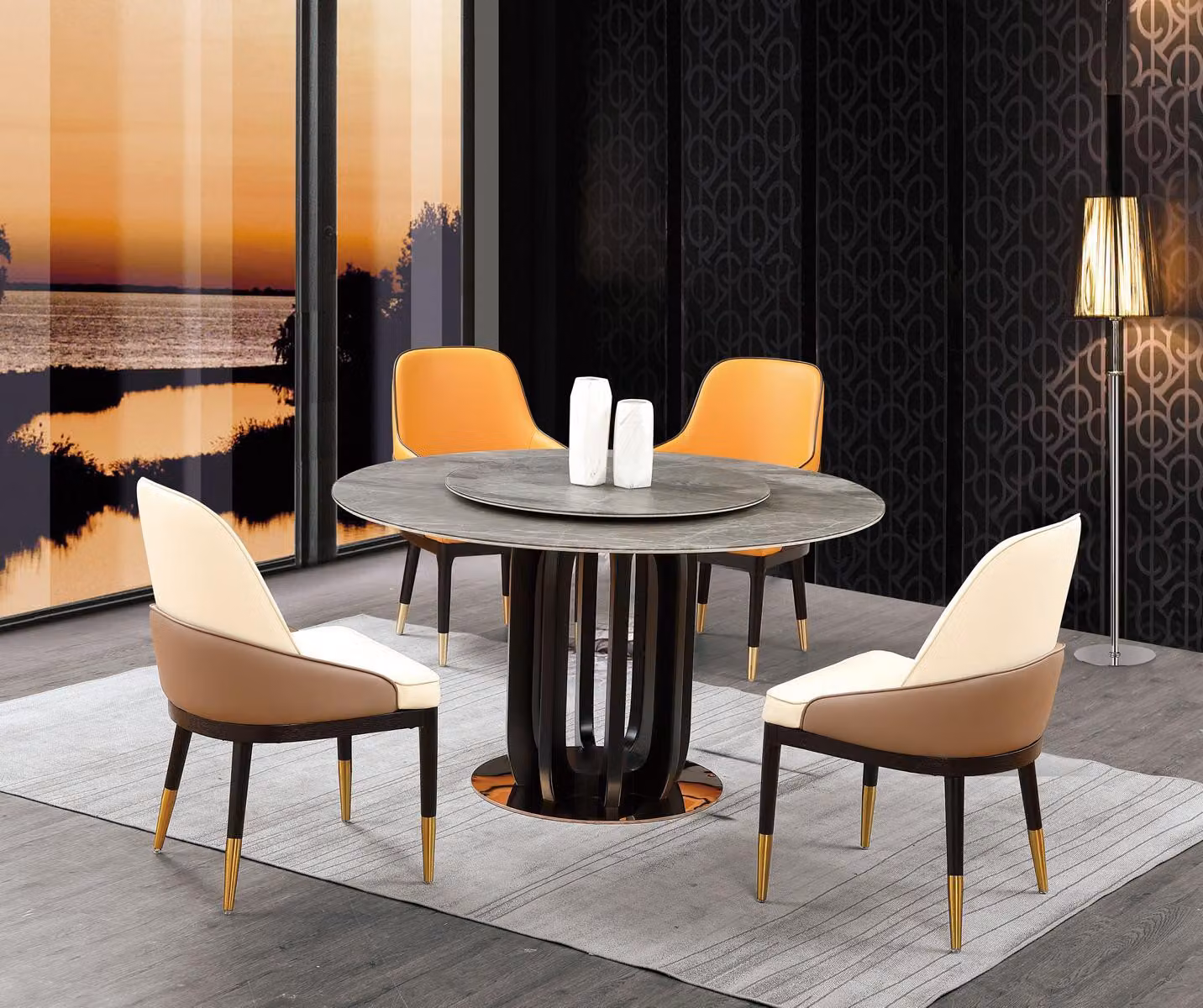Luxus Design Esszimmer Runder Esstisch 4x Klassische Sessel Lehn Stühlen 4tlg