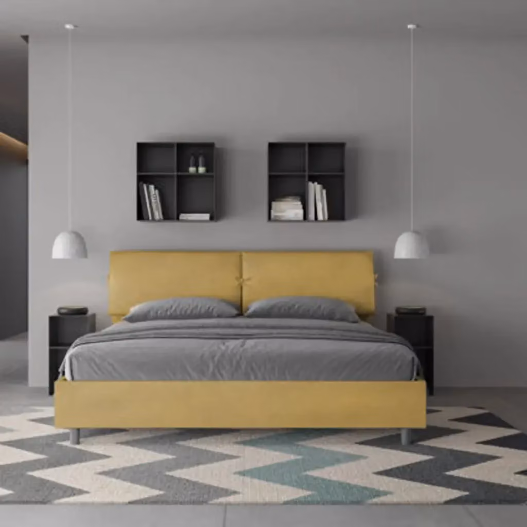 Letto matrimoniale king size Mados con rete imbottita in microfibra colore ocra L: 180 cm, P: 210 cm – 2